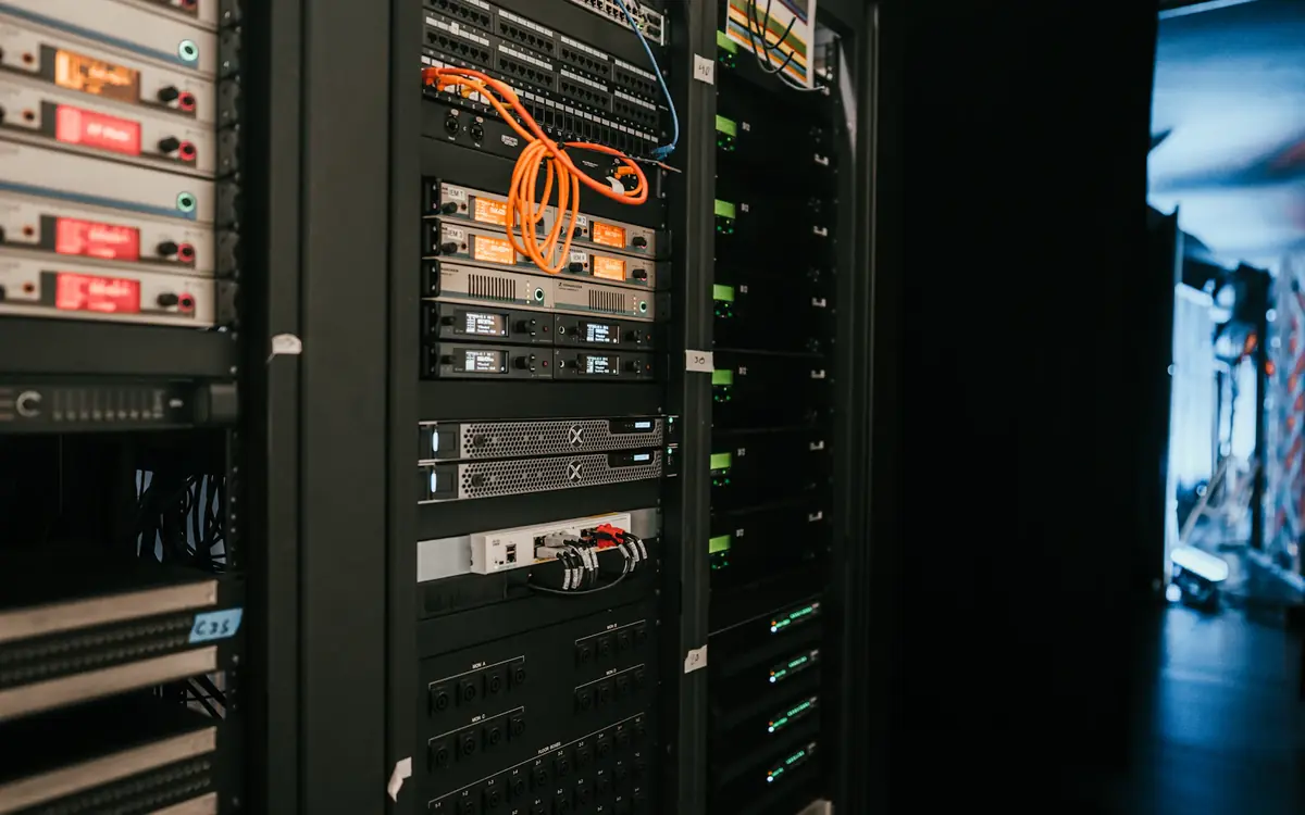 Server rack with network cables, showing the hosting side of technical SEO